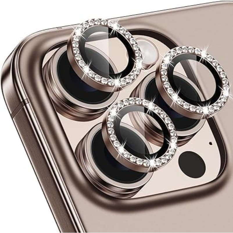 Protetor de vidro temperado para iPhone com lentes circulares decoradas com diamantes