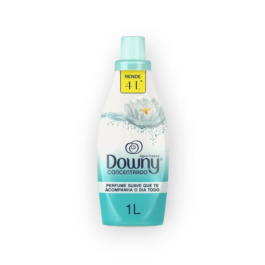 Amaciante Concentrado Downy Água Fresca 1L, frasco azul e branco, rótulo com flor azul, logo da marca.
