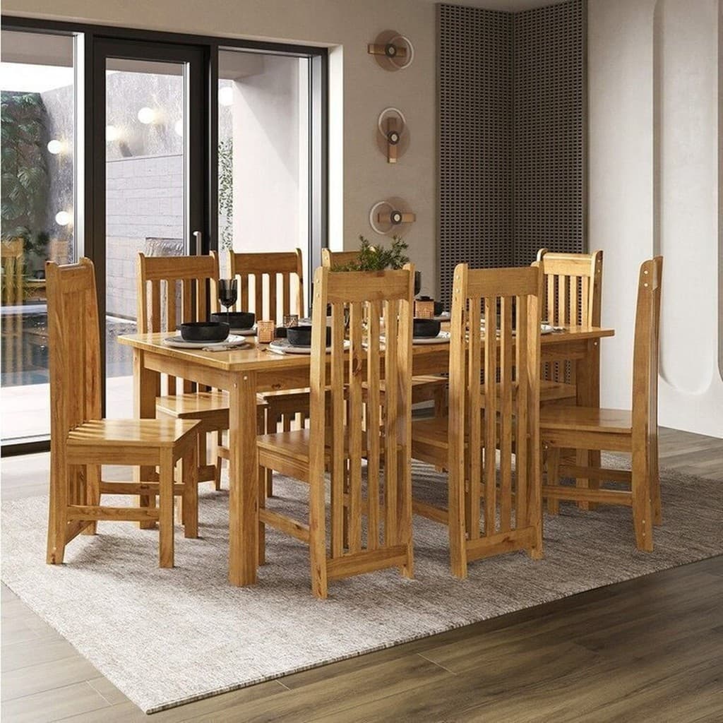 Conjunto de mesa de jantar retangular de 180cm e 8 cadeiras de madeira maciça nímes.