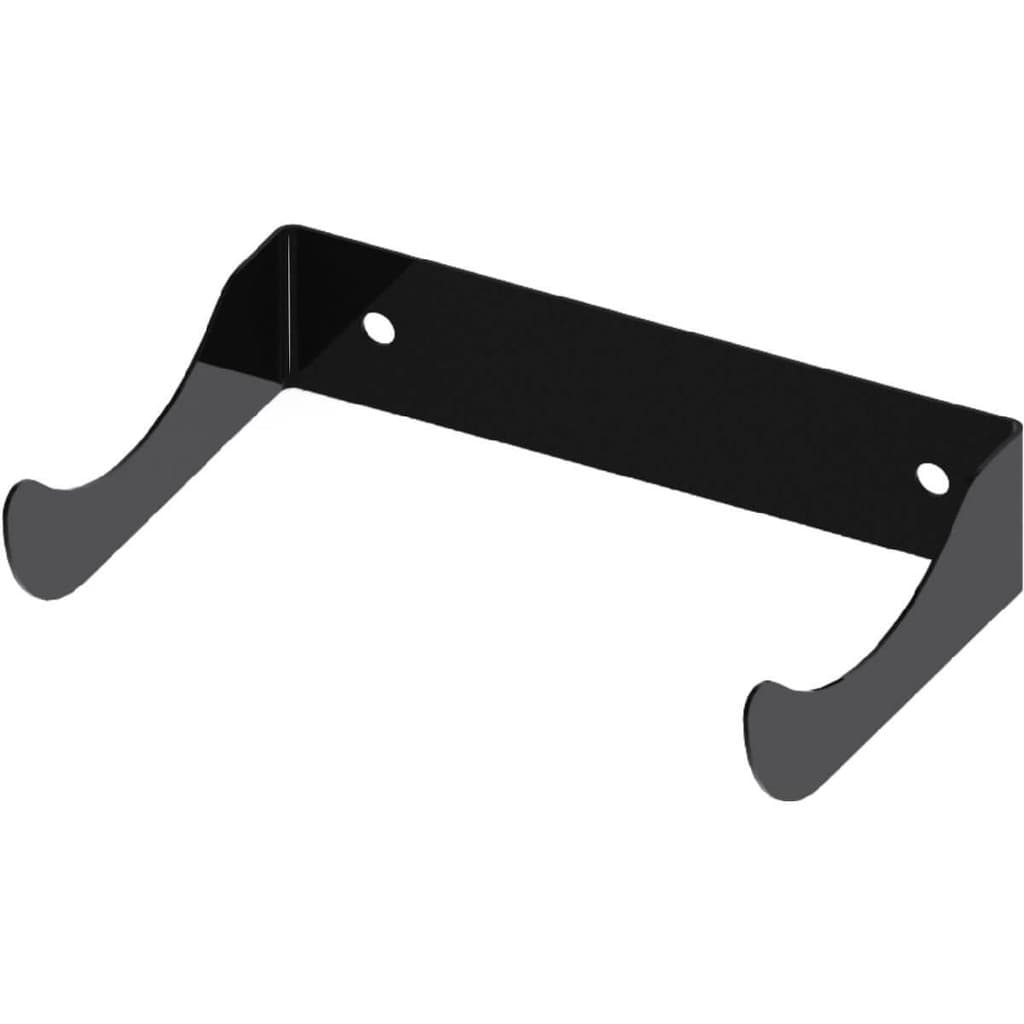 Suporte de parede preto para garrafas de vinho, design horizontal, com orifícios de fixação, em aço.