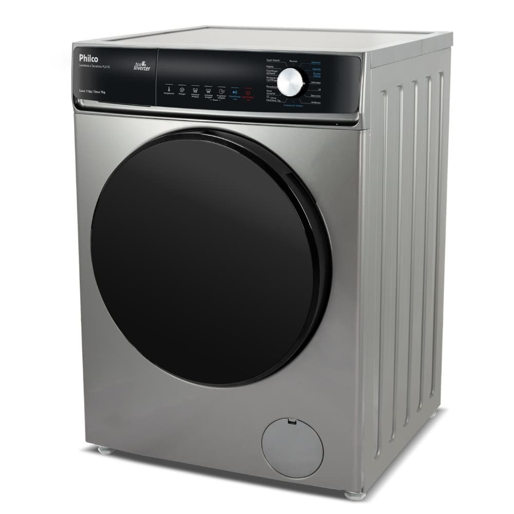 Máquina de lavar e secar roupa Philco PLS11C Inverter 11kg, cinza e preta, contra fundo branco.
