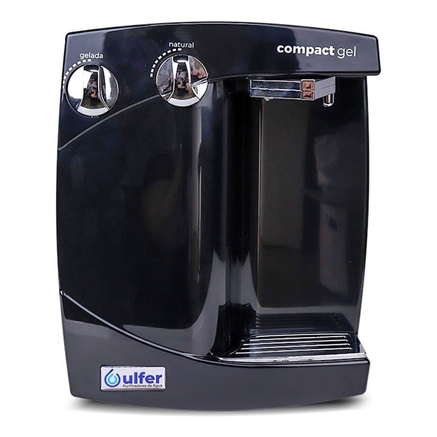 Purificador elétrico de água gelada compacto Ulfer, preto, com controles frontais e logotipo Ulfer.