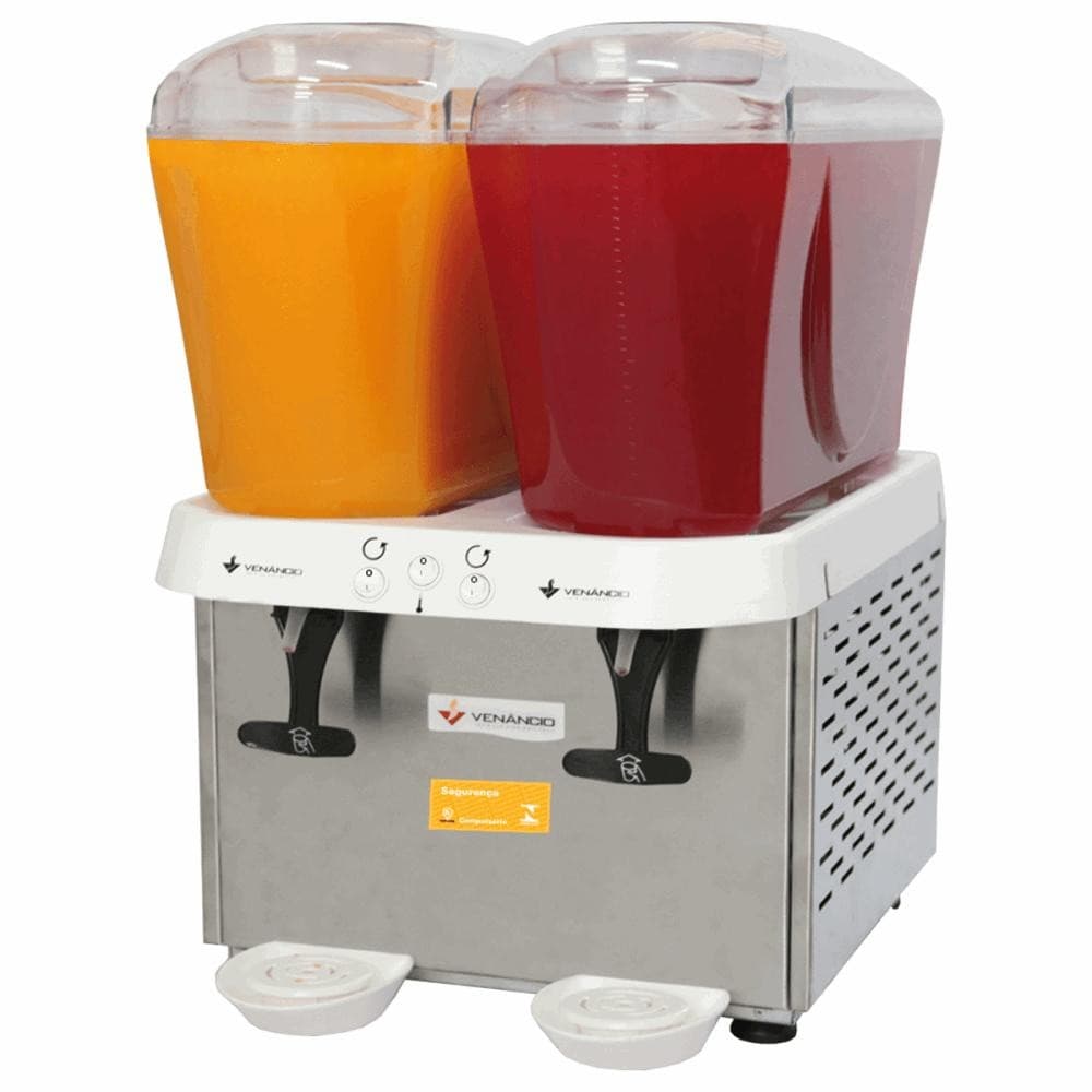 Refresqueira Venâncio em aço inoxidável com dois reservatórios de suco laranja e vermelho