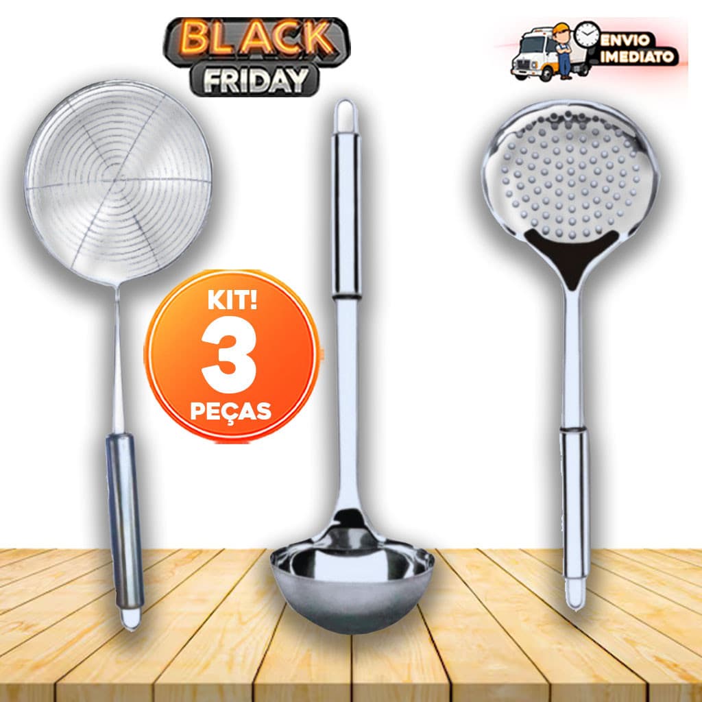 Kit 3 Peças de Utensílios de Cozinha – Concha para Sopas, Escumadeira para Arroz e Escumadeira para Frituras