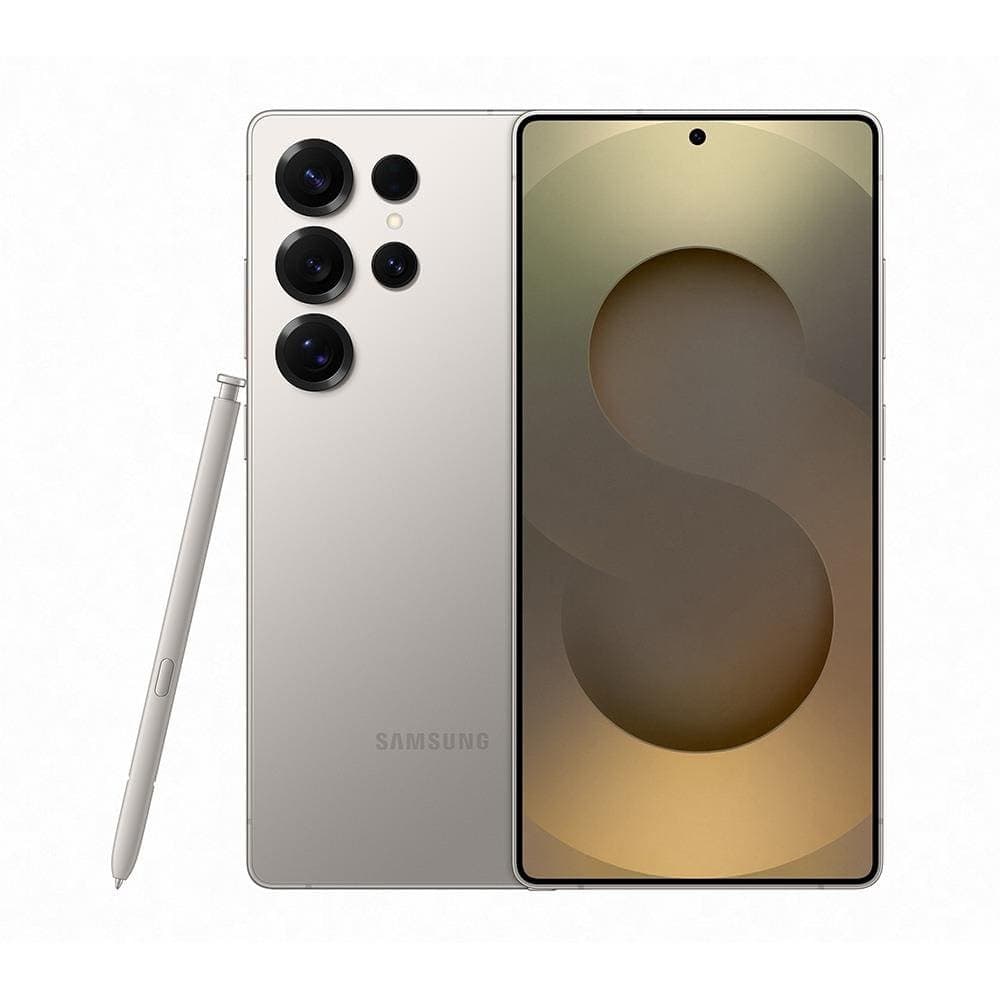 Smartphone Samsung Galaxy S25 Ultra Titânio Cinza com stylus e fundo branco