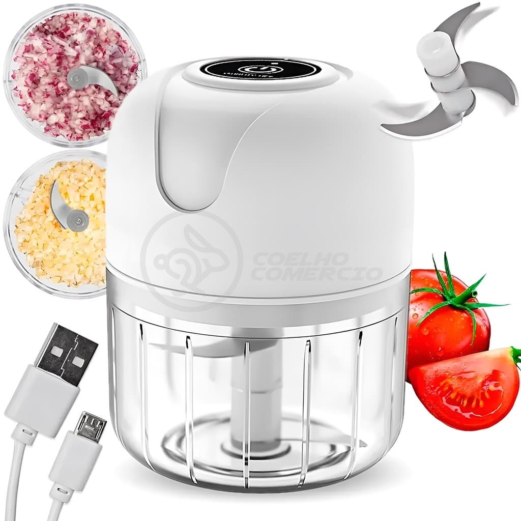 Processador Mini Portátil Branco USB 250ml Recarregável com 3 Lâminas Aço Inox Tritura Alimentos