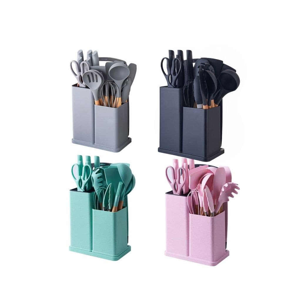 Kit 12 ou 19 conjunto de utensílios Silicone Cozinha Colher escumadeira concha escumadeiras pote