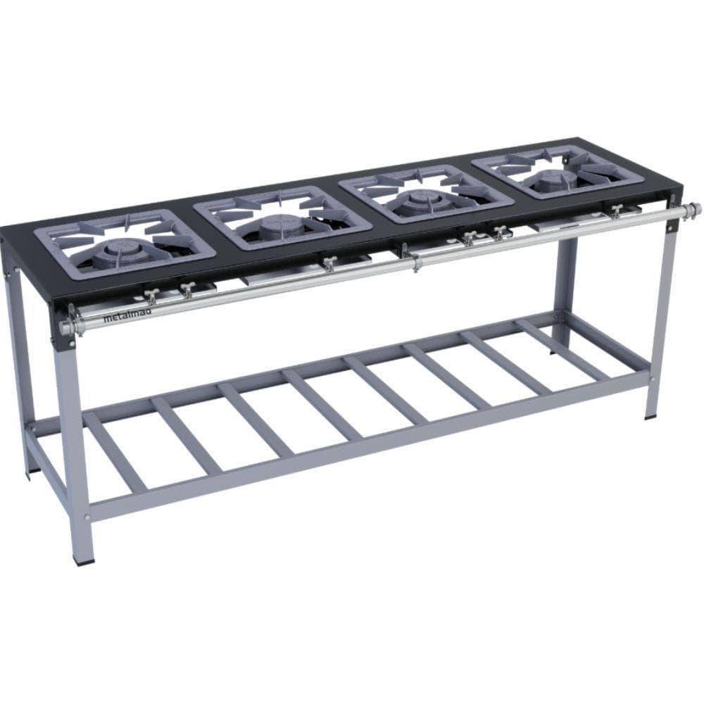 Fogão industrial Stori Premium 4 bocas 40x40 M8 Metalmaq, preto e cinza, com suporte metálico.