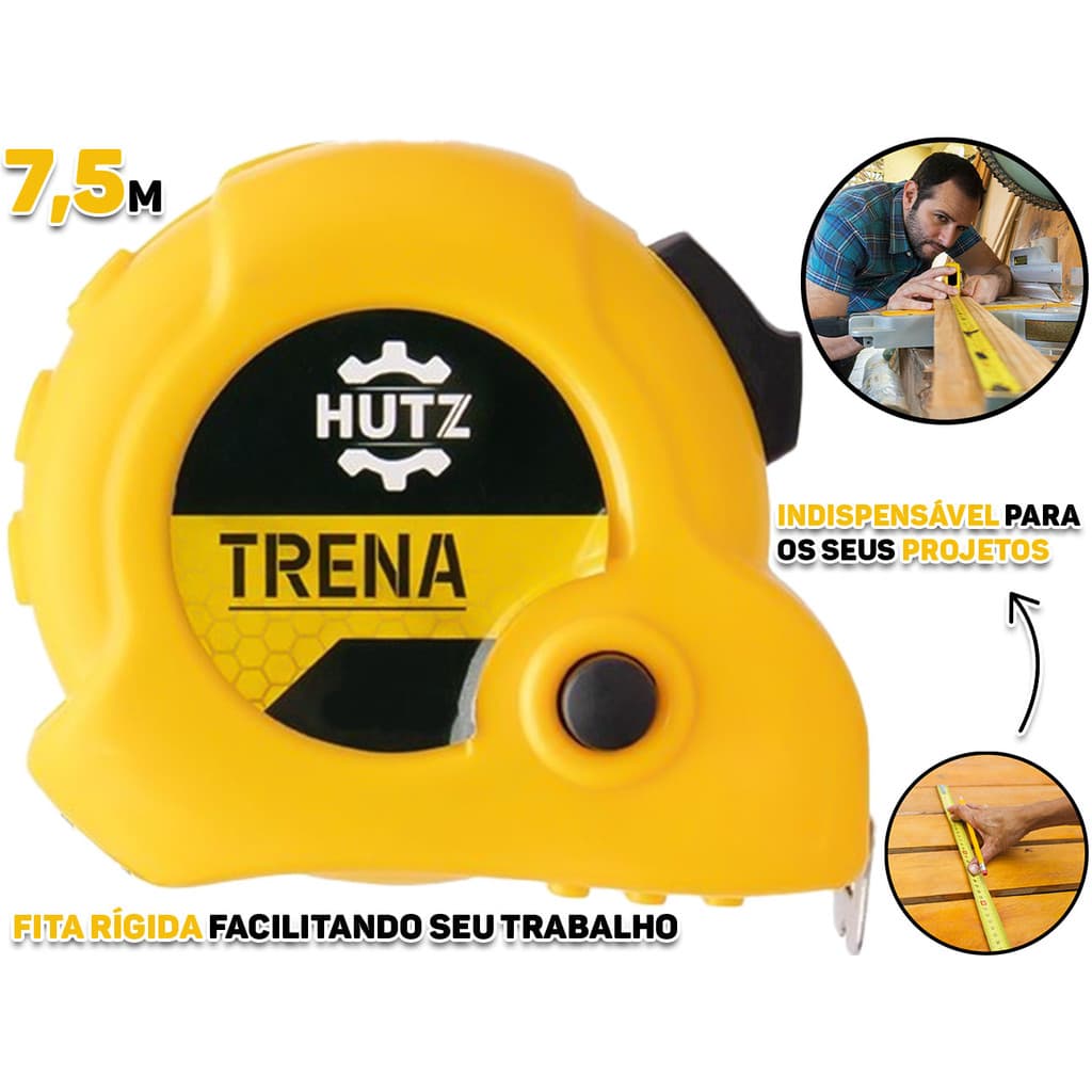 Trena De Bolso Plástica Fita Métrica Aço Inox Com Trava 7,5m x 25mm Profissional Para Construção Carpintaria