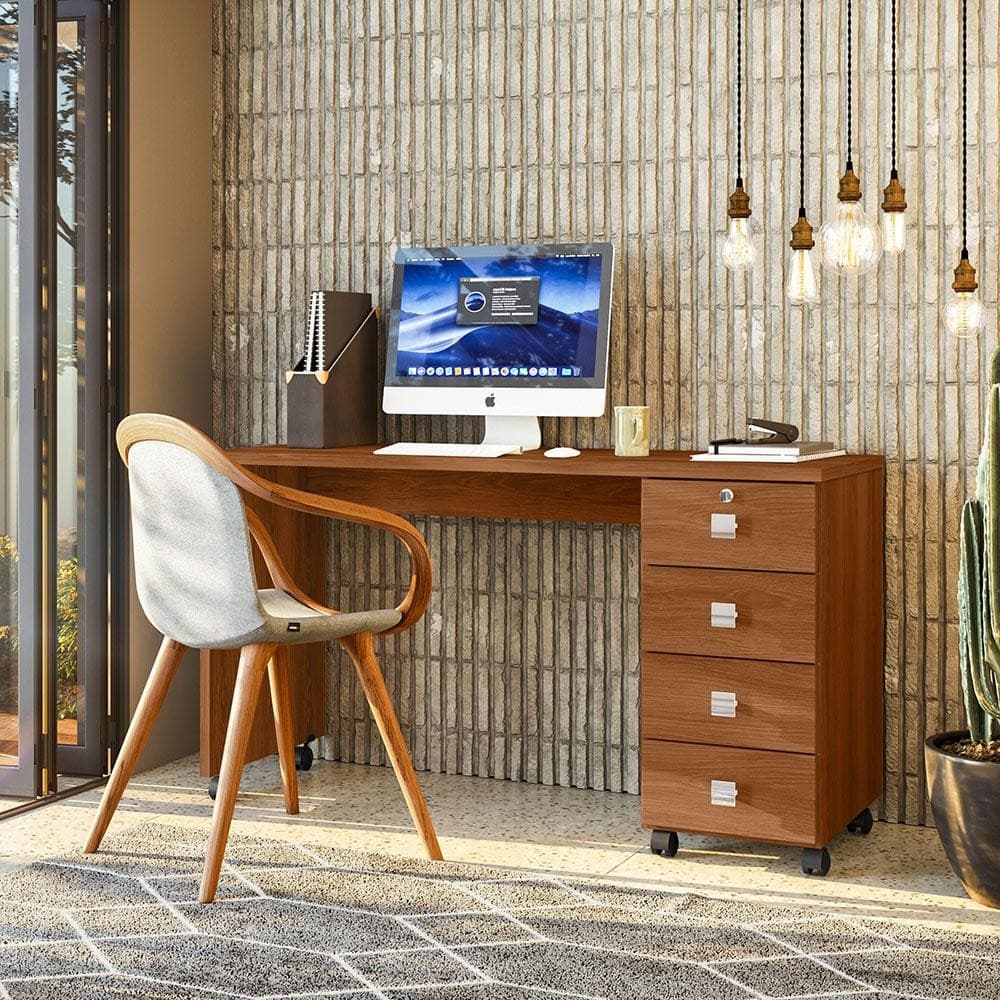 Escrivaninha Manicure Mesa Computador Office Dubai - 4 Gavetas com Chave Rodízios - Lukaliam Móveis