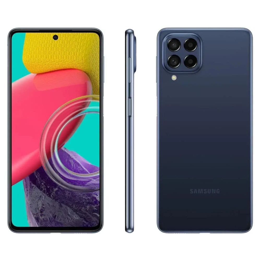 Samsung Galaxy M53 (5G) Azul 128 GB - Smartphone com câmera quádrupla e logo da Samsung