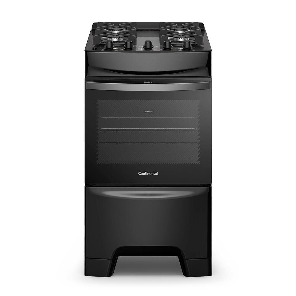 Fogão 4 Bocas Continental Preto com Mesa de Vidro e Forno Eco Turbo