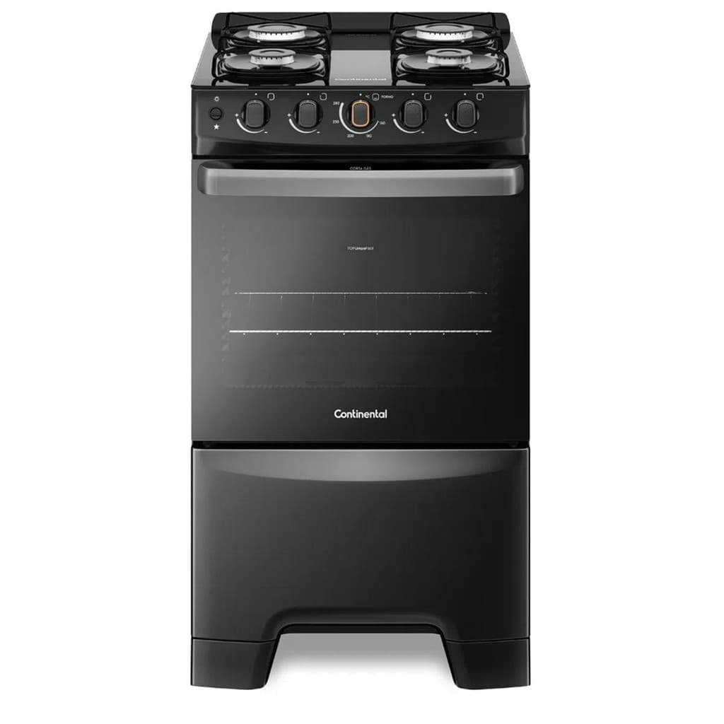 Fogão 4 bocas Continental preto automático com TOPLimpaFácil e mesa de vidro