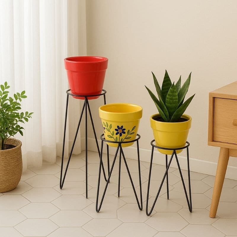 Kit 3 suportes tripé para vasos de chão - Vermelho, amarelo floral e suculenta