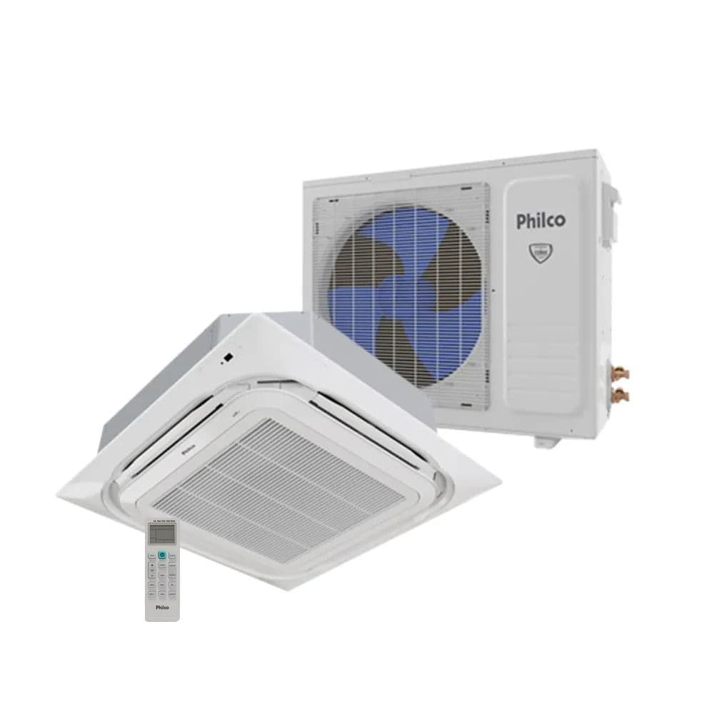 Ar-condicionado split Philco Eco Inverter 24000 BTU/h, unidade externa branca e interna cinza, controle remoto à esquerda, fundo branco