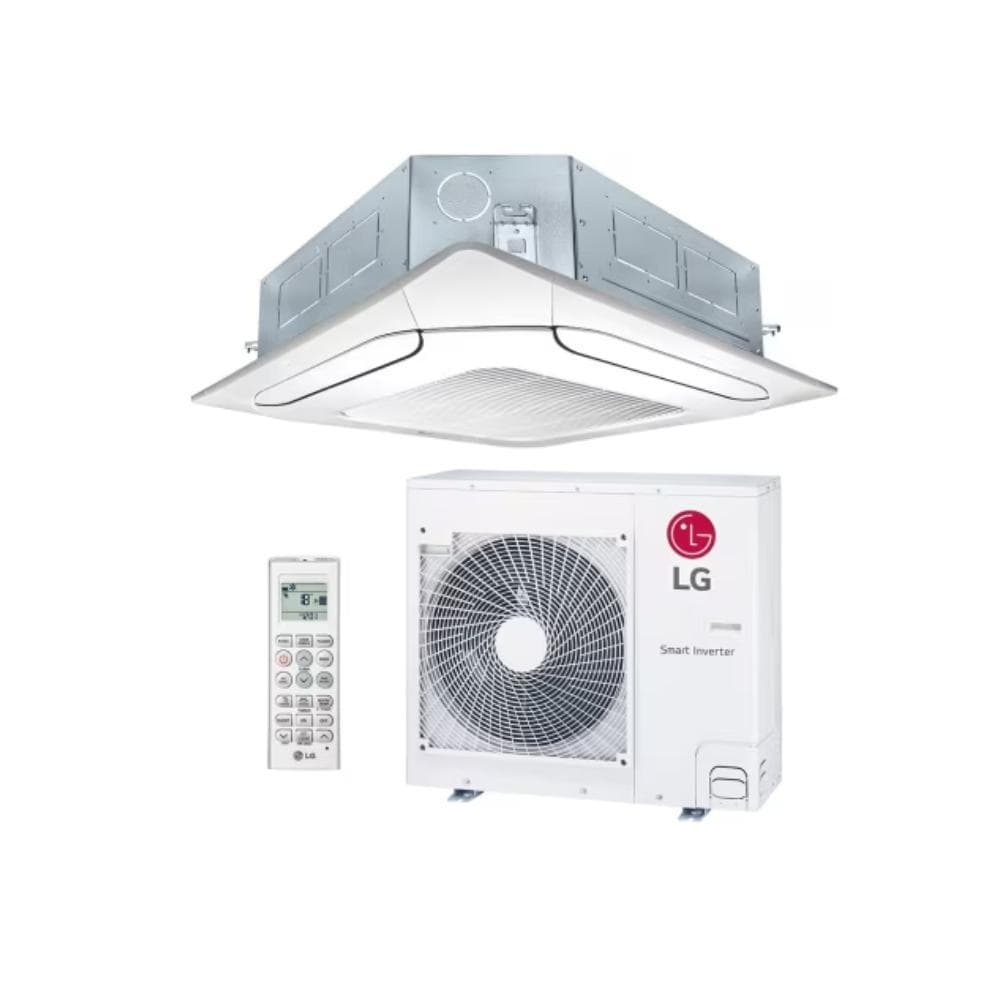 Ar condicionado inverter LG cassete 4 vias, unidade externa branca com logo LG, controle remoto branco