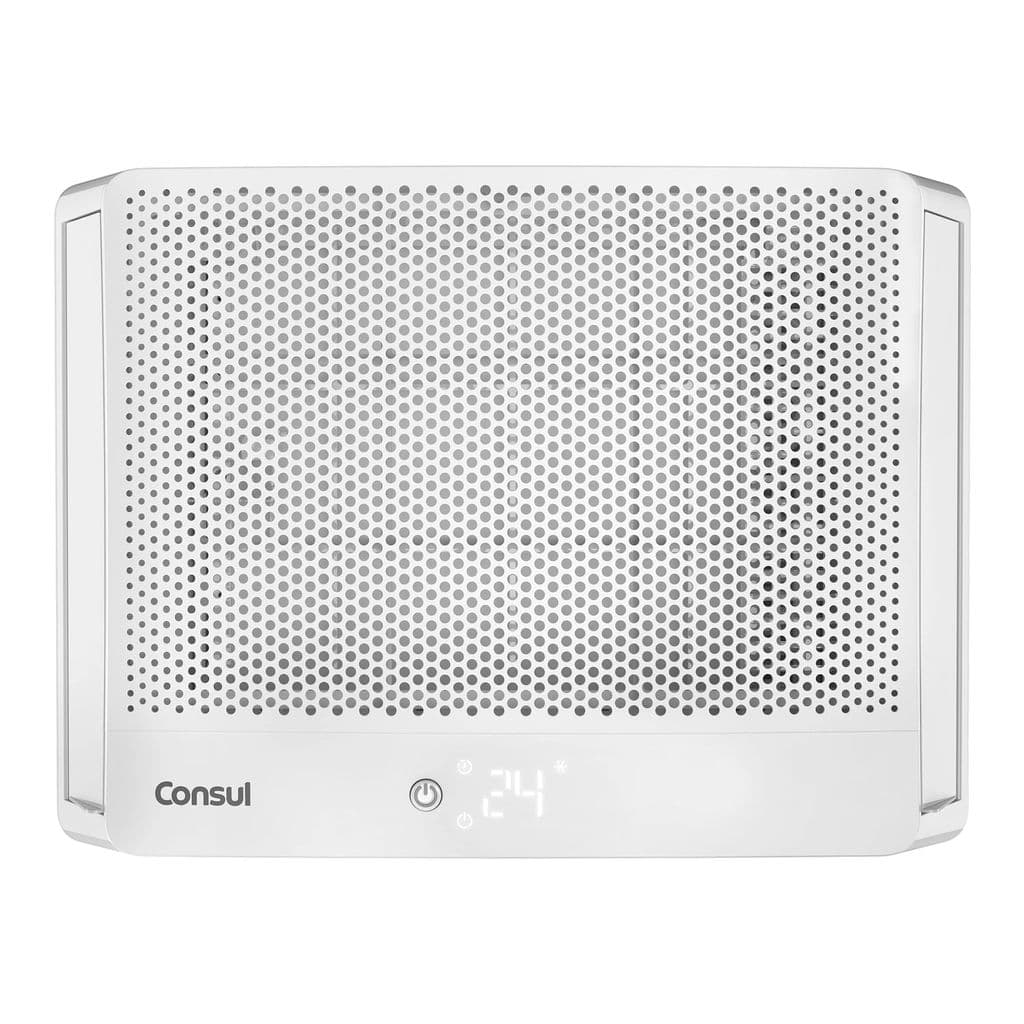 Ar condicionado de janela branco Consul, 7500 BTUs, frio eletrônico, design moderno, display temperatura 24°C.