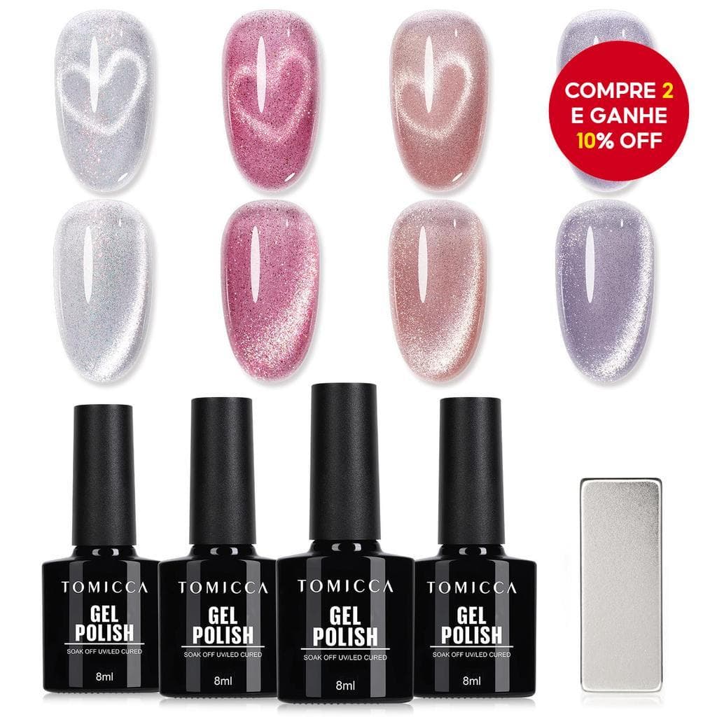  TOMICCA Conjunto de Esmalte em Gel Cat Eye 4 Peças Magnético Brilhante Nude Rosa Claro Roxo Vermelho Prata Gel de