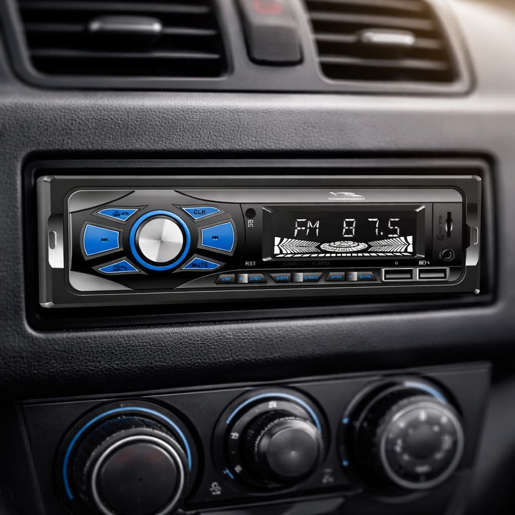Rádio automotivo 1 DIN com tela LED e controles de volume e seleção de faixa, instalado no painel do carro.