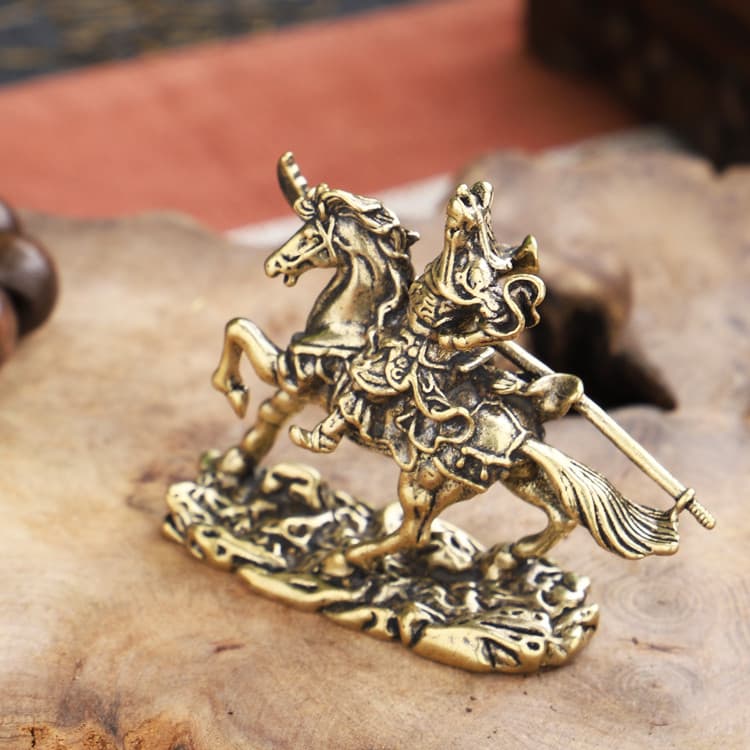 Micro-escultura em bronze de Guan Gong montado em um cavalo, peça decorativa antiga