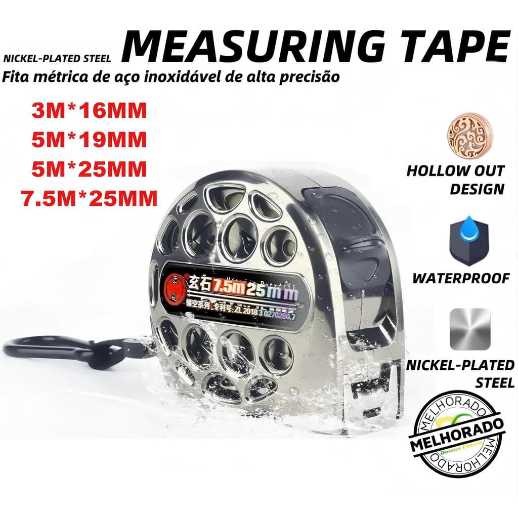 Trena de Aço Inox 7,5m com Fita Métrica, Alta Precisão, Impermeável, Design de Alta Qualidade