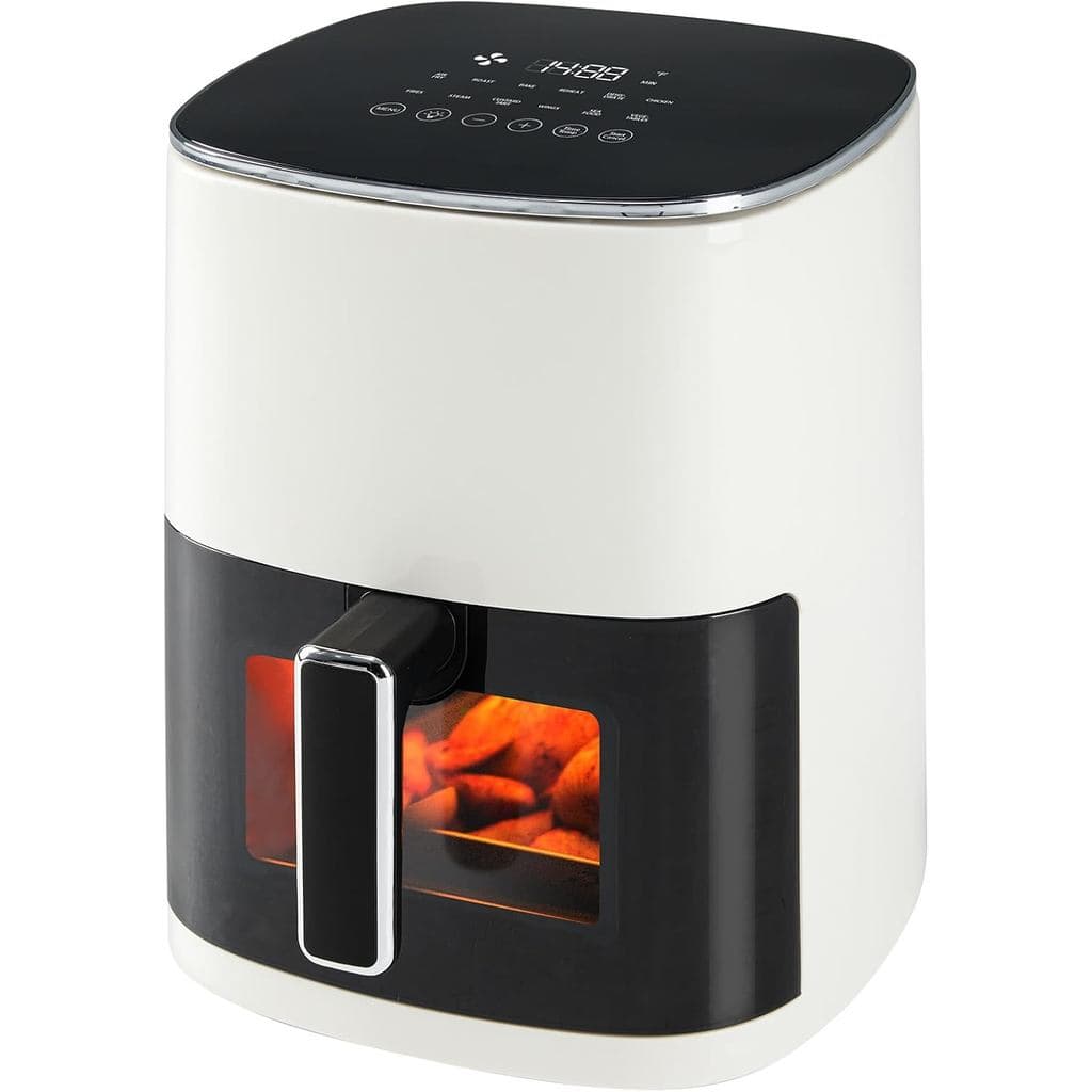 Fritadeira OLIXIS de 6 Quart com Janela, 12 em 1, branca e preta, com janela transparente e alimentos fritos visíveis.
