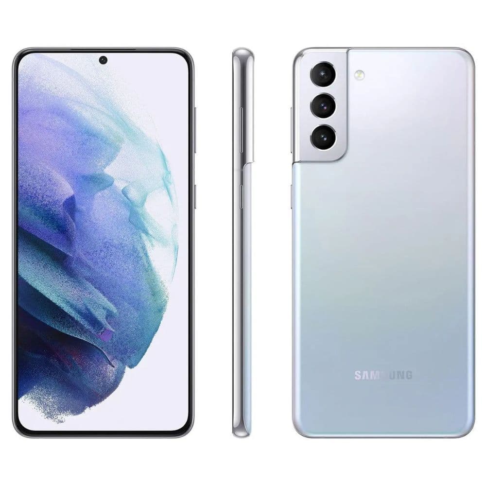 Samsung Galaxy S21 Plus (5G) 128 GB Prata com design elegante e câmeras destacadas