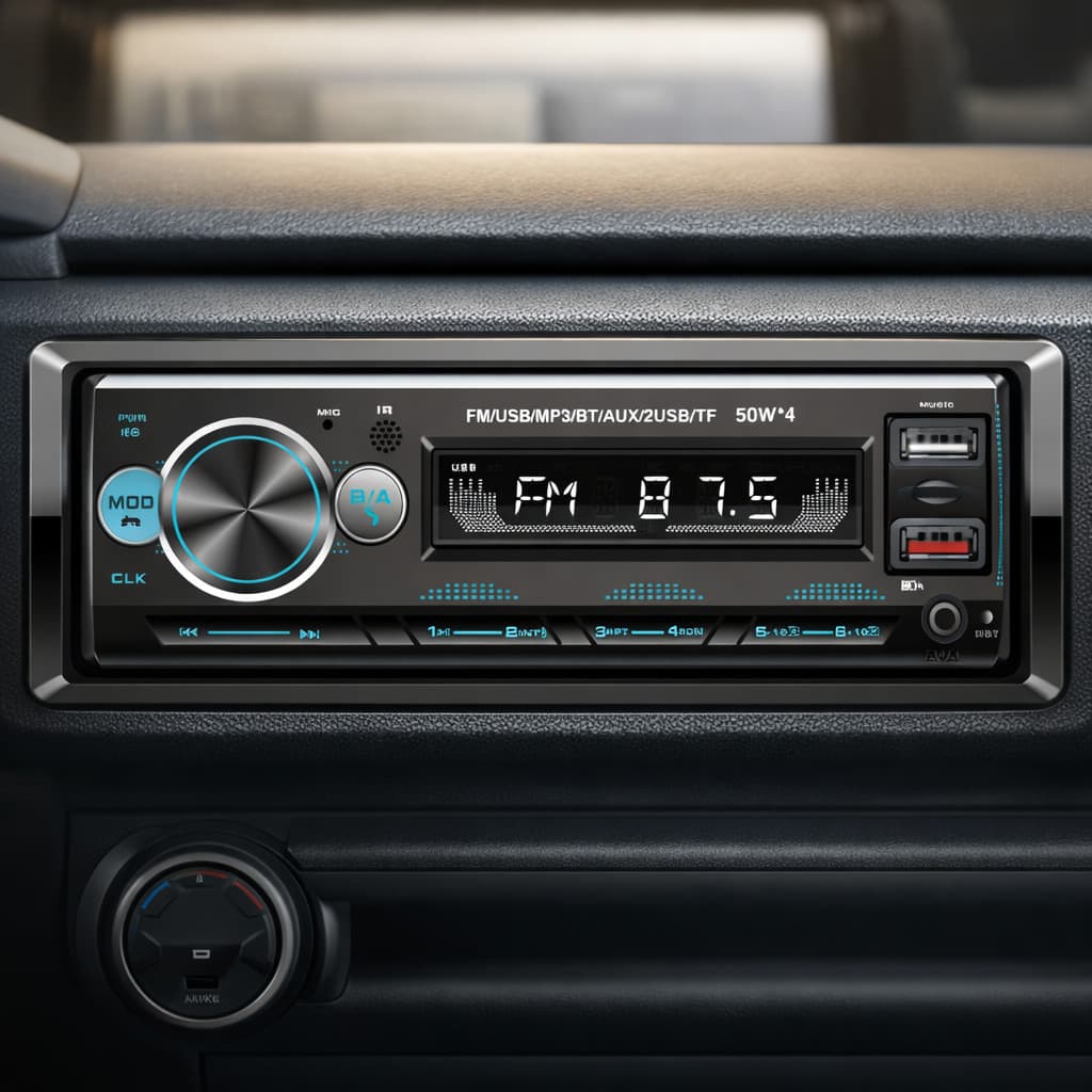 Rádio automotivo 1 din com tela LED, controle remoto e entradas USB e auxiliar, preto