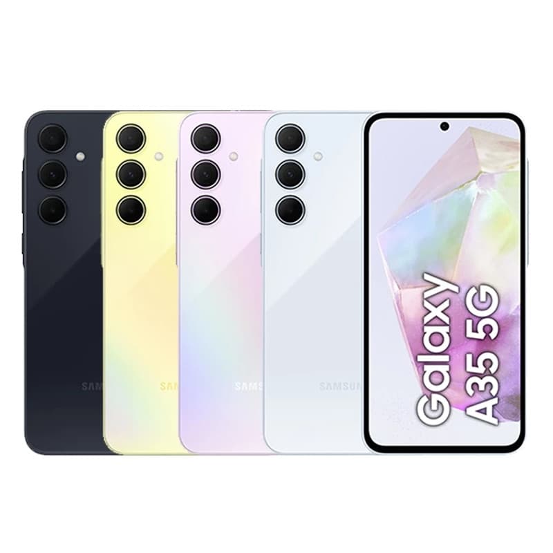 Smartphone Nova Marca Galaxy A35 5G em quatro cores: preto, amarelo, rosa e branco