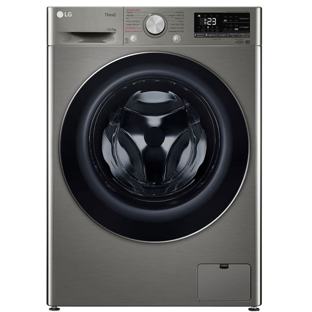 Máquina de lavar e secar roupas LG VC4 IA 12kg Look Inox, prata e preto, com porta de vidro e painel digital.