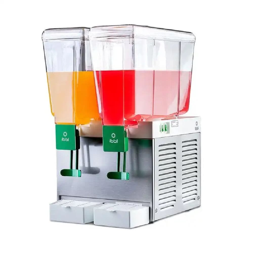 Refresqueira IBBL BBS2 Inox com dois reservatórios transparentes, suco laranja e vermelho, bicos verdes, texto Ibbl, fundo branco, cor prata.