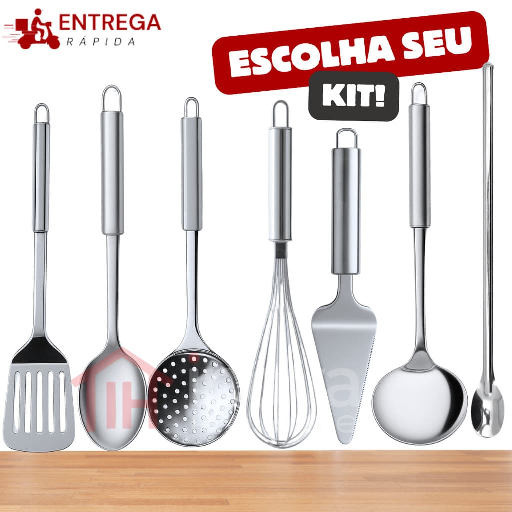 Kit de utensílios de cozinha inox com escumadeira, concha, colheres, pegador, garfo, espátula e concha