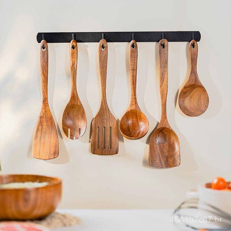 Conjunto de colher e espátula de madeira de acácia, espátula de cabo longo para wok, colher de sopa, coador, utensílios 