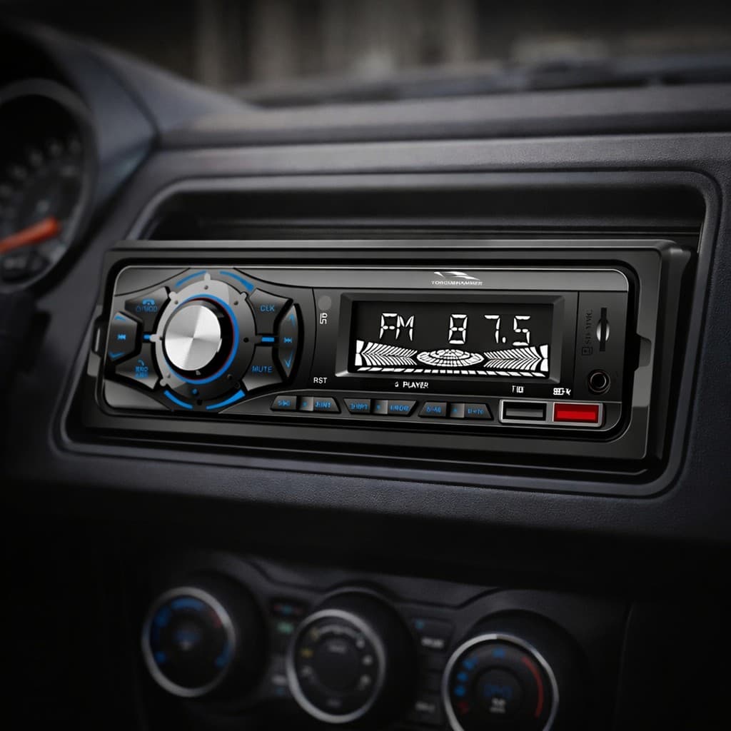 Player automotivo 1 din com tela LED e controles digitais no interior de um carro