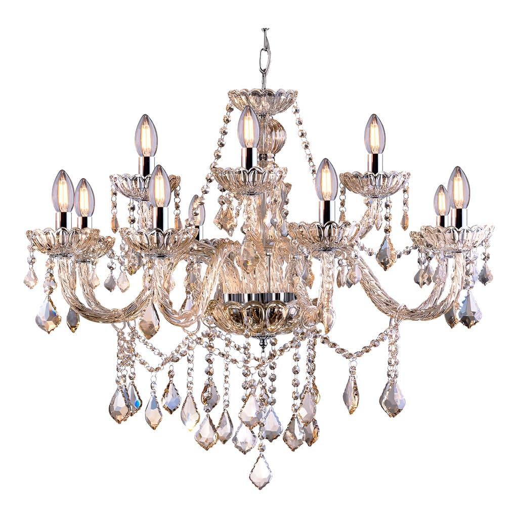 Luminária de teto com 12 braços em cristal transparente e pendentes, ideal para sala de jantar.