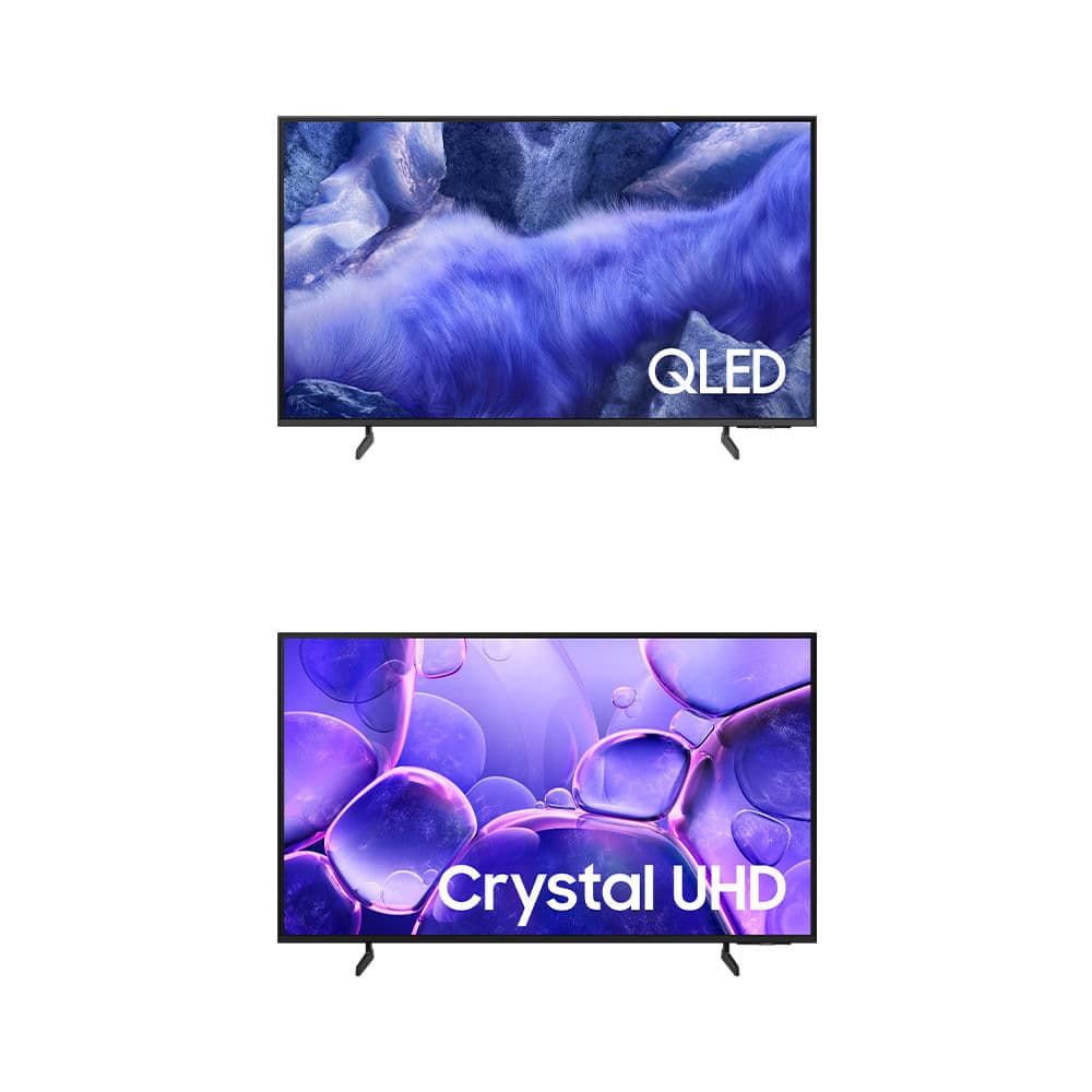 Samsung Smart TV 43'' UHD 4K U8100F com imagem de fundo em bolhas roxas e texto 'Crystal UHD' na tela