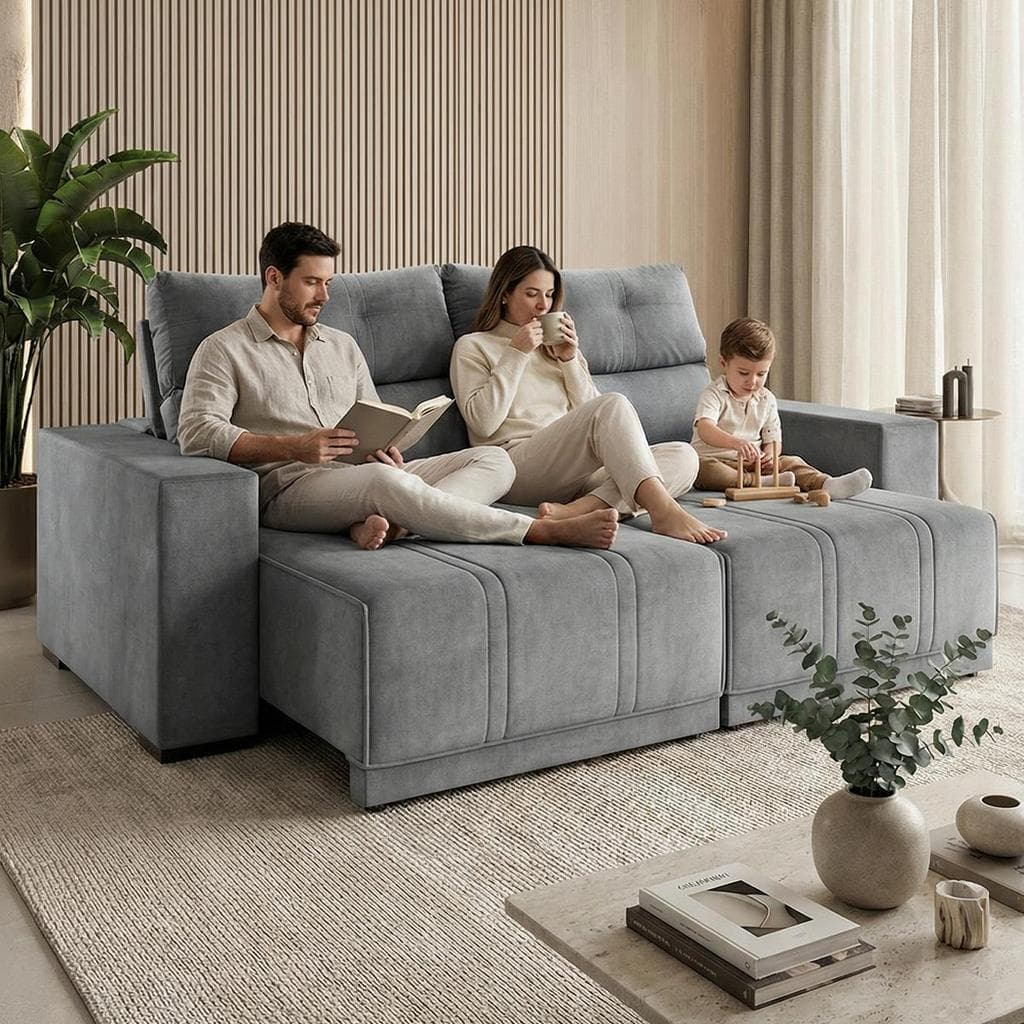 Sofá retrátil e reclinável de quatro lugares em veludo cinza, família sentada, ambiente moderno