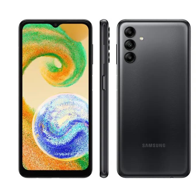 Celular Samsung Galaxy A04S preto com tela multicolorida e câmera traseira tripla