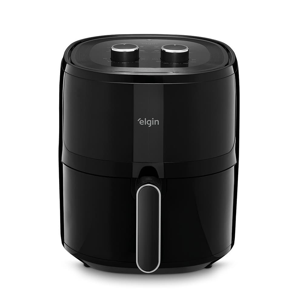 Fritadeira Air Fryer 5L Elgin, capacidade 5L, cor preta, controle frontal, alça de manuseio, fundo branco