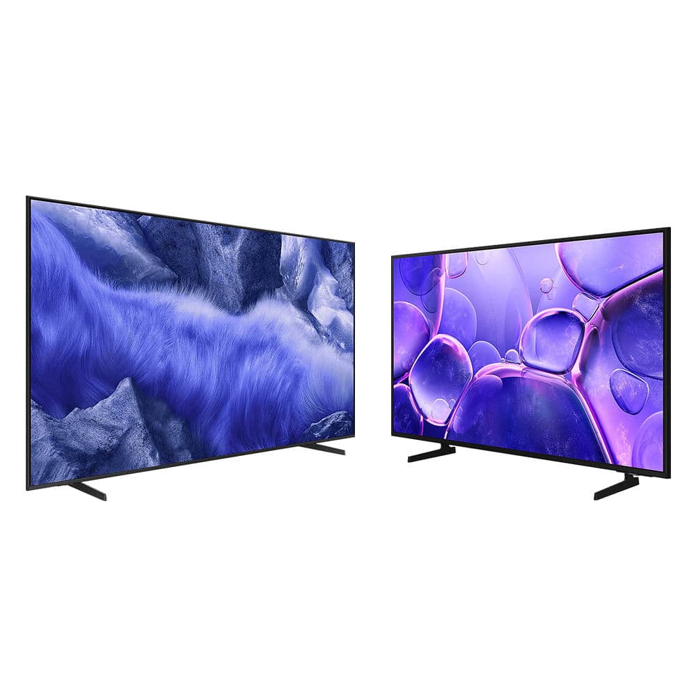Duas TVs Samsung lado a lado, uma de 65 polegadas e outra de 43 polegadas, exibindo imagens vibrantes