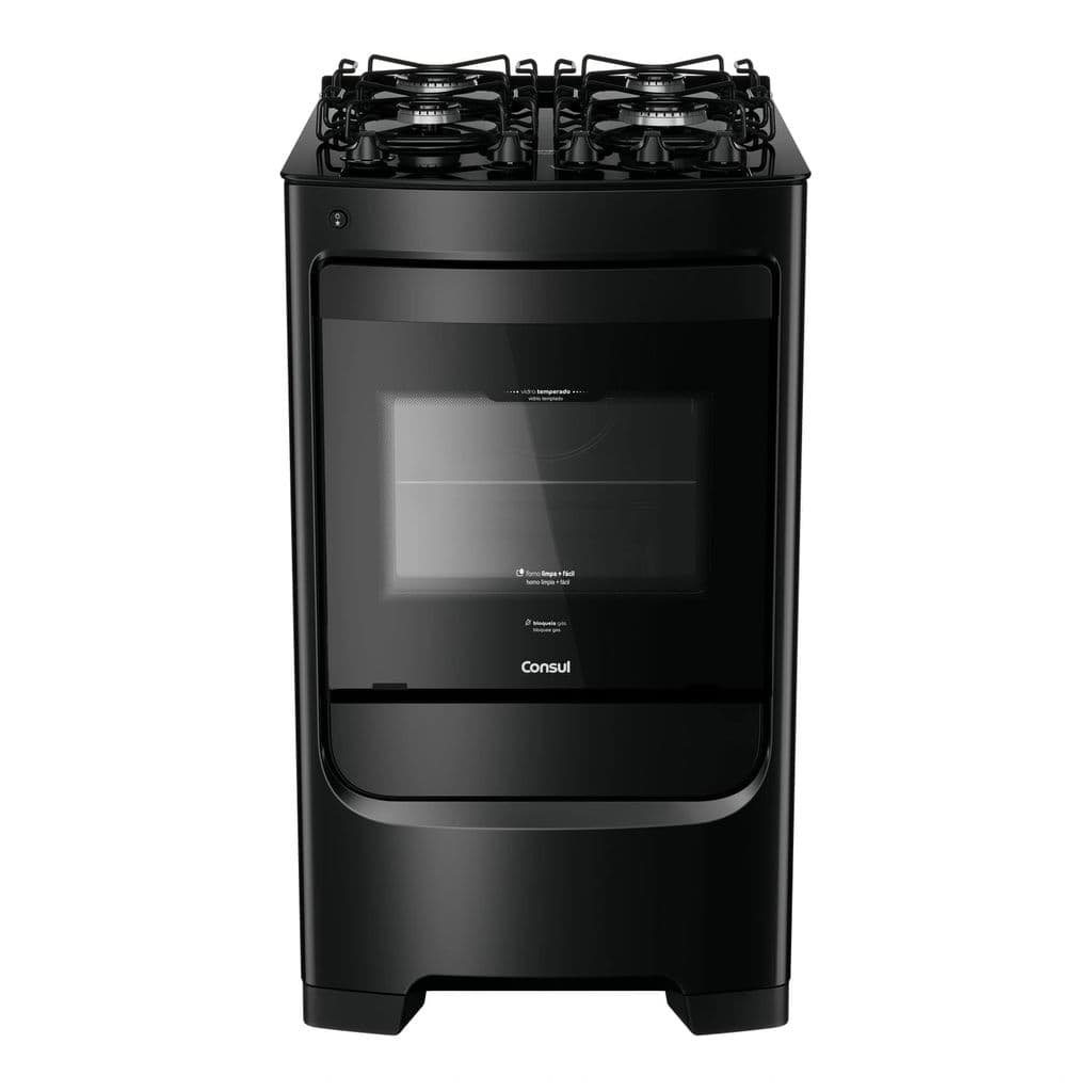 Fogão Consul 4 Bocas Preto com Mesa de Vidro e Grades Individuais Super Estáveis - CFO4VBE