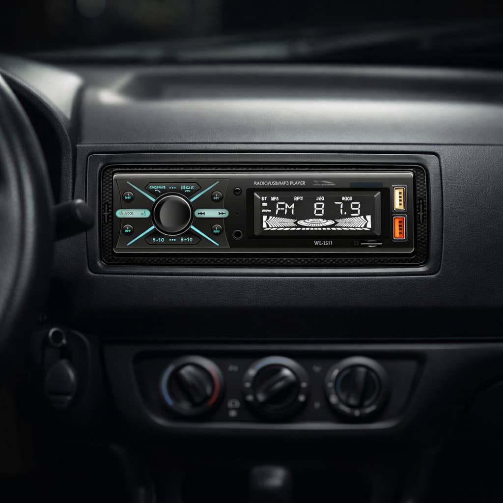 Player automotivo 1 DIN com tela LED e controle remoto em um carro