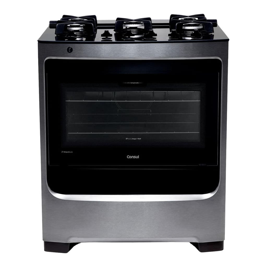 Fogão Consul 5 Bocas Cor Inox com Mesa de Vidro e Grade de Ferro Fundido - CFS5VAR