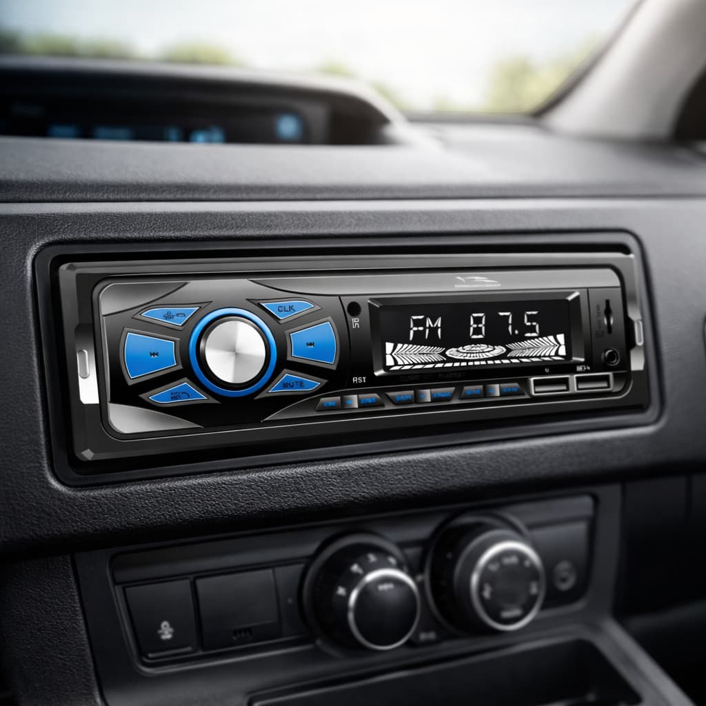 Rádio automotivo 1 DIN com tela LED e controles azuis e cinza