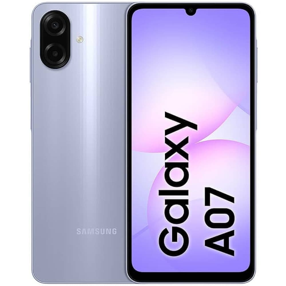 Smartphone Samsung Galaxy A07 violeta, vista frontal e traseira, em fundo branco