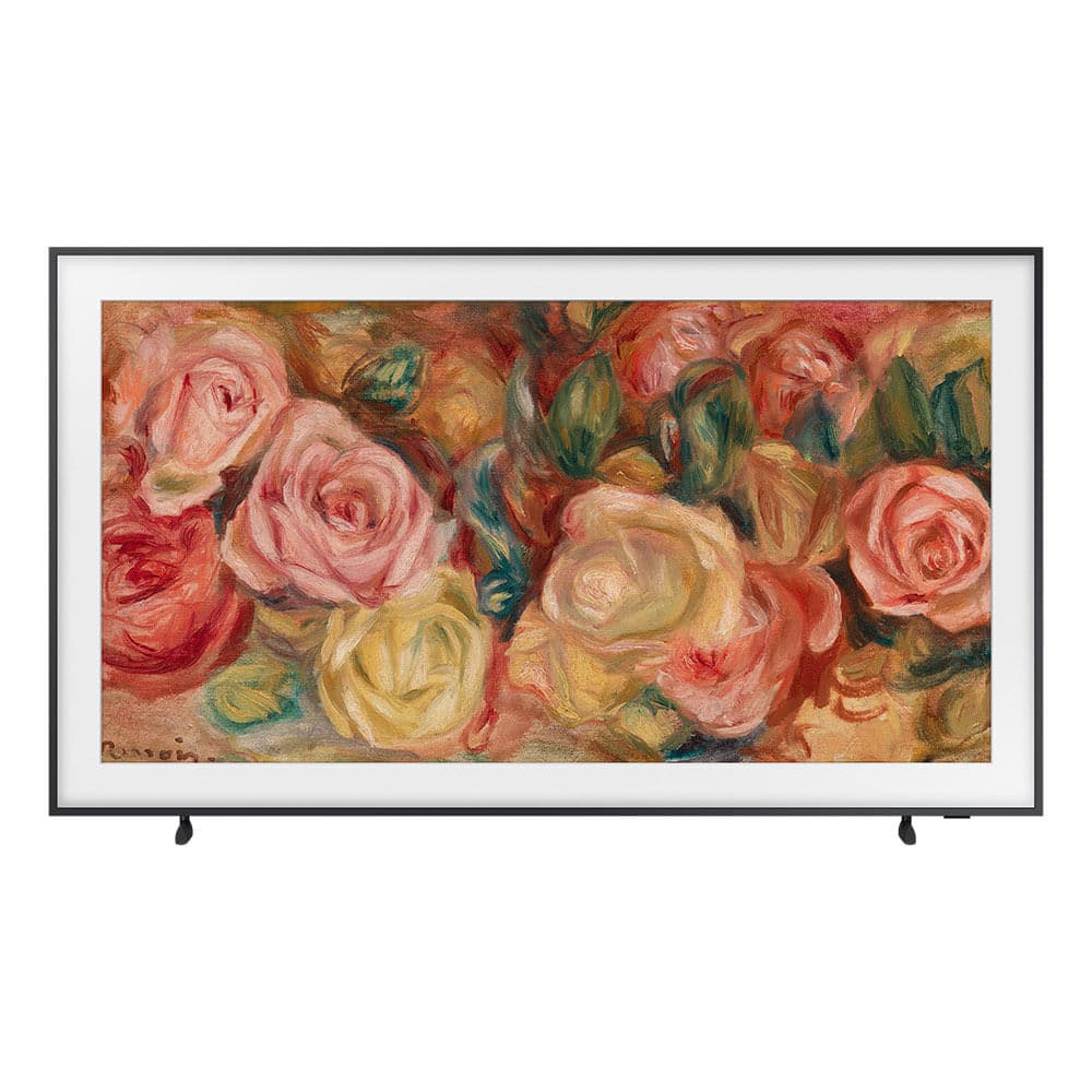 Imagem de TV Samsung The Frame 43LS03D exibindo arte de flores coloridas