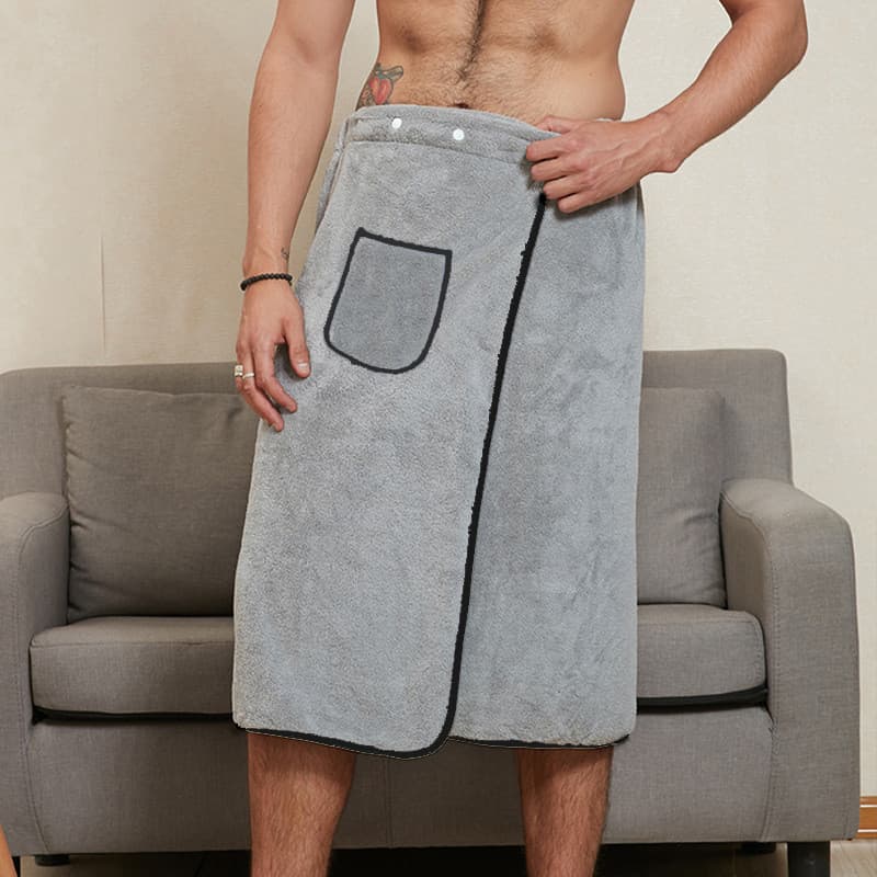 Toalha de banho masculina cinza com elástico ajustável e bolso
