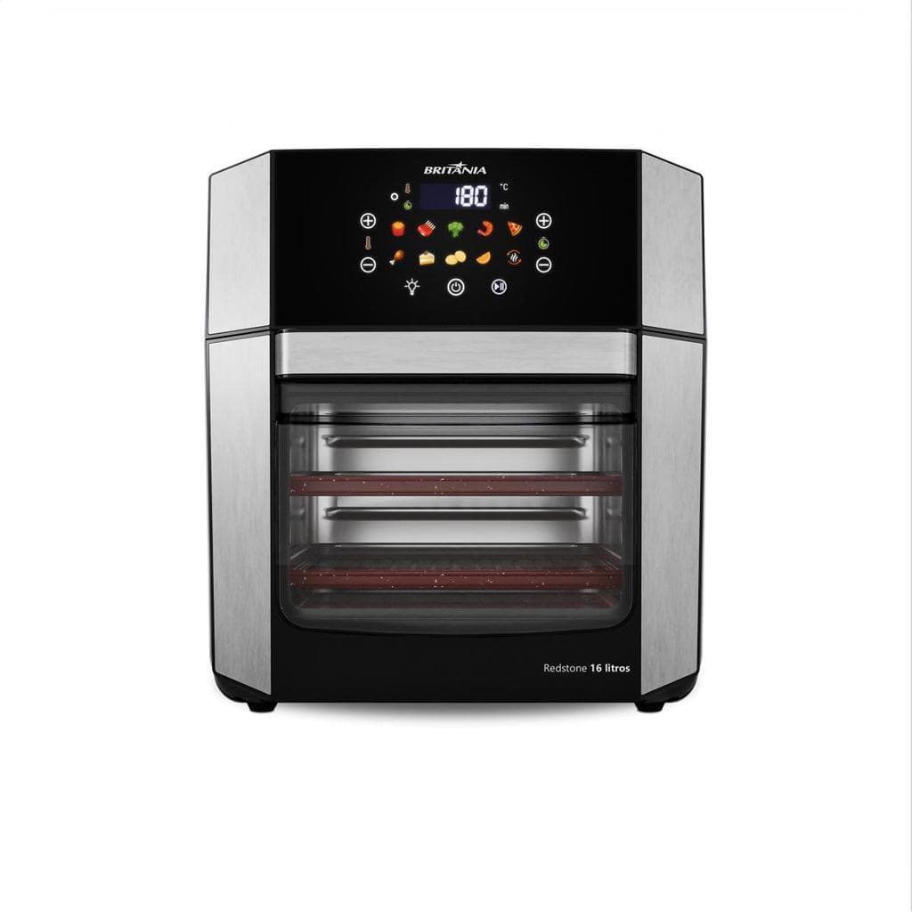Fritadeira Britânia 16L com porta removível, aço inoxidável e preto, display digital, controles e prateleiras removíveis