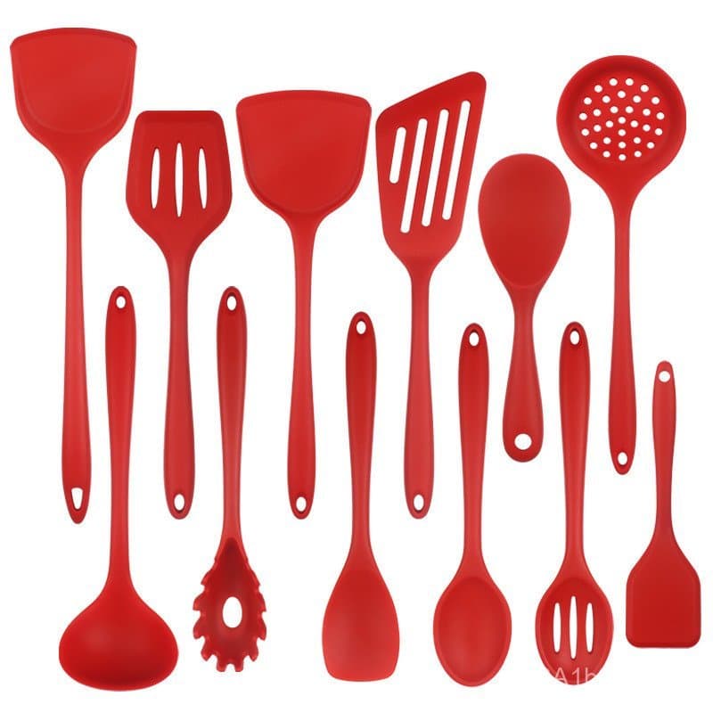 Conjunto de utensílios de cozinha de silicone vermelho com espátulas, colheres e peneiras