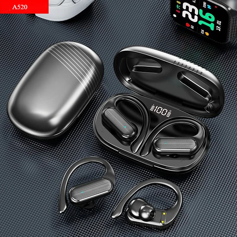 Fones de ouvido sem fio A520 Deep Bass, Bluetooth 5.3, TWS, à prova d'água IPX5, com microfone, preto e prateado